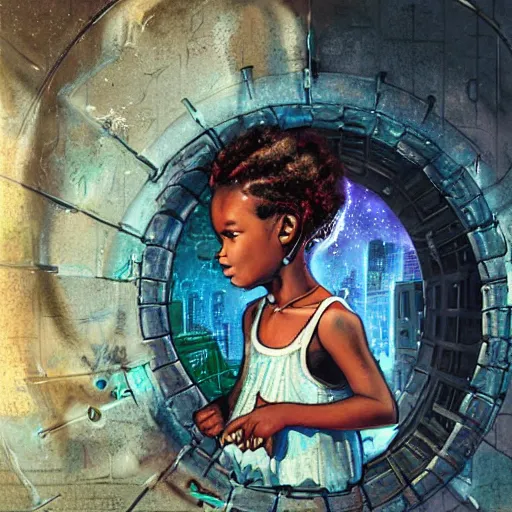 Image similar to a little black girl on a dilapidated sidewalk looking through a dirty graffiti wall into a round portal. inside the portal is a beautiful vaporwave cosmic futuristic city, illustration, intricate details, highly detailed, fantasy art style, art by john collier and albert aublet and krenz cushart