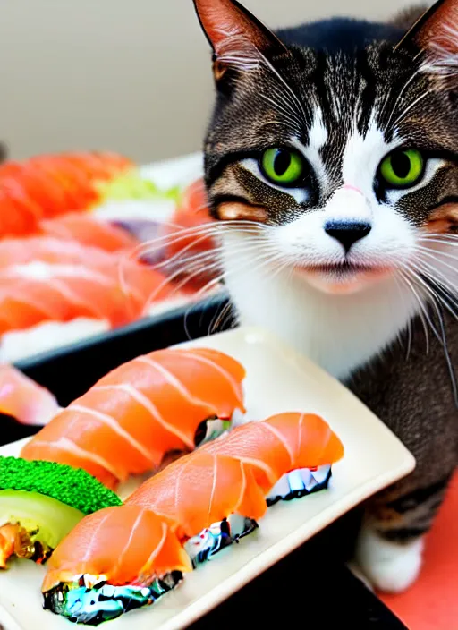 Image similar to clear photograph of cute cats stealing sushi from sushi plates