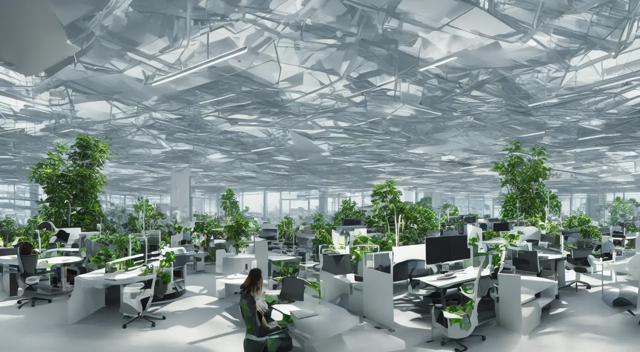 Prompt: futuristic open office with parks and plants, glowing computer screens, made with glossy white plastic and large windows and voluminous light and light rays, extremely intricate, very detailed, artstation, octane render, warm color highlights, cinematic lighting