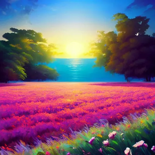 Prompt: digital art of a painting of a flower field with a view of the ocean, poster art by rhads, featured on pixiv, sharp details, neo - romanticism, anime aesthetic, 2 d game art, official art