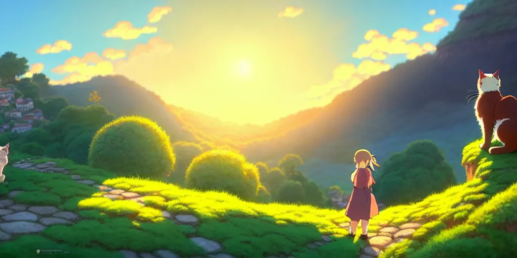 Prompt: the girl and the cat. beautiful sunrise. small village in the mountains. rocky roads, beautifull puffy clouds. anime, studio ghibli. intricate, elegant, super highly detailed, professional digital painting, artstation, concept art, smooth, Unreal Engine 5, 8k resolution, cinema 4d, 3D, beautiful, cinematic