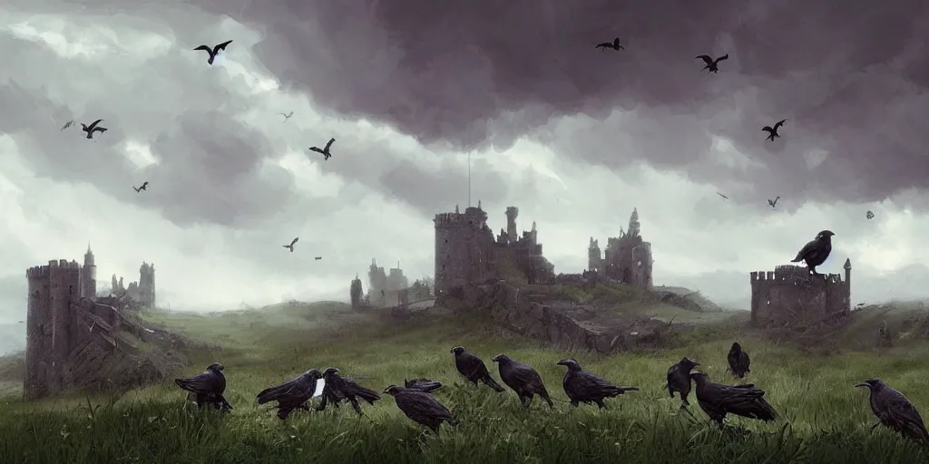 Prompt: A group of Ravens sit around a fallen solider, a medieval castle in the distance, dark fantasy, stormy sky, lightning, digital art by Greg Rutkowski and Studio Ghibli