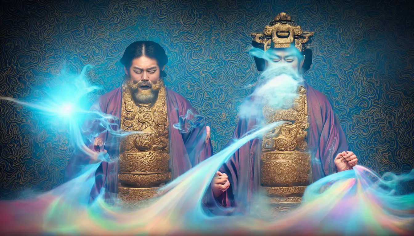 Prompt: feedback loop , burst of powders ,volumetric lighting, twisting vapour, bellowing dust ,flowing shimmering iridescent fabrics, emerging hands and an ancient male bearded face , inside a huge traditional Japanese Royal ornate temple , full colour , upscale , 4k