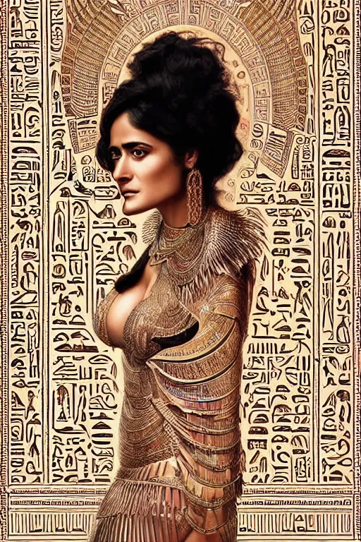 Prompt: Portrait of Salma Hayek as Cleopatra, intricate art deco leaf designs, elegant, highly detailed Egyptian patterns, hieroglyph, sharp focus, art by Artgerm and beeple