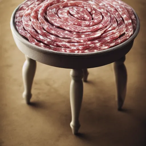 Image similar to a round bench completely covered in salami, studio photography, 5 0 mm