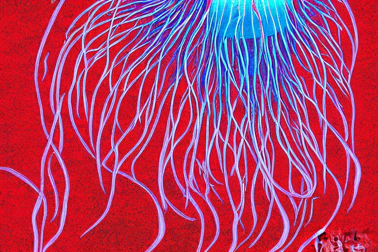 Image similar to digital art of a red jellyfish in the deep sea alone by alex grey, dark background, arcylic,