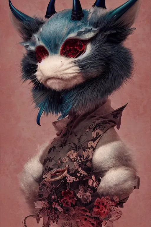 Image similar to a portrait of a cute japanese devil animal illustrated by miyazaki by karol bak, james jean, tom bagshaw, rococo, sharp focus, trending on artstation, cinematic lighting, hyper realism, octane render, 8 k, hyper detailed, vivid, ultra detailed, highly detailed