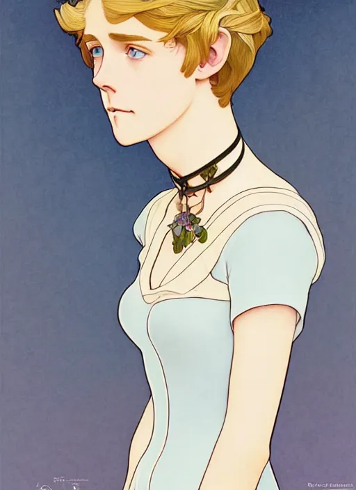 Image similar to art nouveau portrait of a pretty young man with short blond hair, light blue eyes, sad expression, scared, head down, shy and demure, wearing a choker collar, natural lighting, path traced, highly detailed, high quality, cartoon, digital painting, by don bluth and ross tran and studio ghibli and alphonse mucha