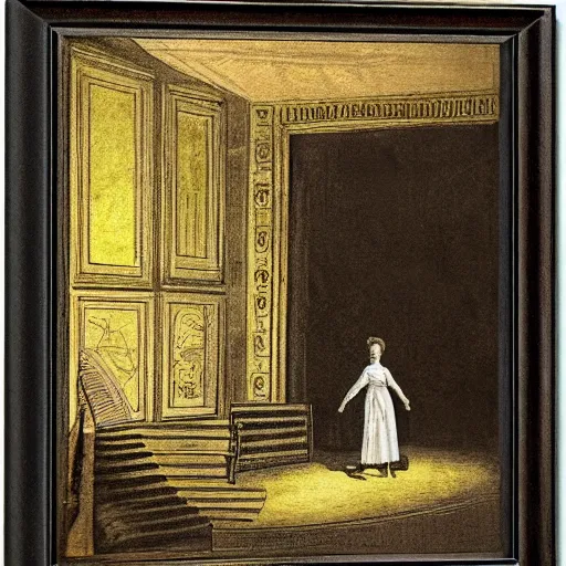 Image similar to an actress on stage in an old theater, only a single visitor in the audience, by alfred stephens
