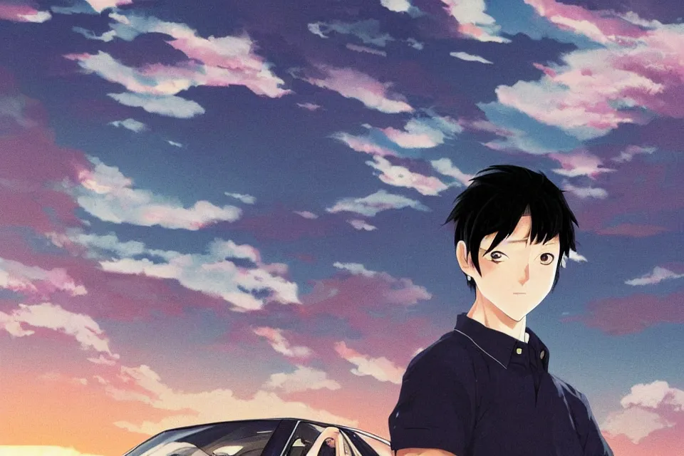 Image similar to aesthetic portrait illustration of ryosuke takahashi with black hair, dark blue shirt and white pants, standing by his white glossy mazda rx 7 on an empty highway at sunrise, cinematic lighting, initial d anime 1 0 8 0 p, 9 0 s anime aesthetic, volumetric lights, rule of thirds, unreal engine 5 render, pinterest wallpaper, trending on artstation