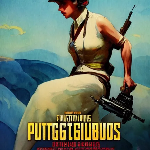Image similar to vintage movie poster art for pubg by greg manchess, mucha, kandinsky touches, watercolor, in style of rococo, sharp focus, artstation, cinematic lighting, hyper realism, octane render, epic, award - winning, 8 k, hyper detailed.