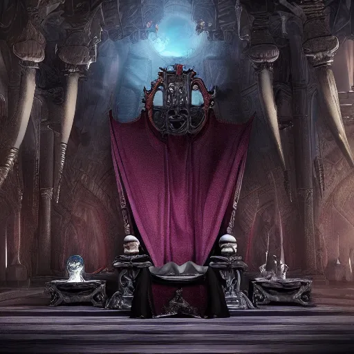 Prompt: reaper queen in her throne room, detailed 3d matte painting, cinematic