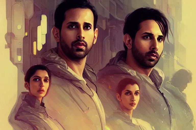 Prompt: Sensual good looking pale young Indian doctors wearing Blade Runner 2049 clothing in a space station above Earth, portrait, elegant, intricate, digital painting, artstation, concept art, smooth, sharp focus, illustration, art by artgerm and greg rutkowski and alphonse mucha