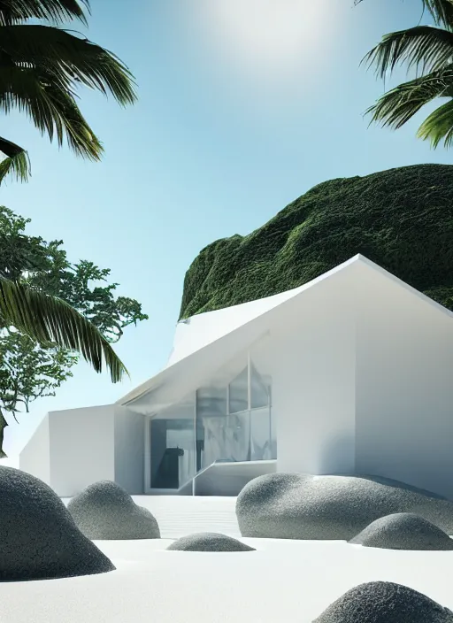 Image similar to bright white zen beach house made of geodes well contoured smooth fair walls, up close shot, sharp focus, global illumination, radiant light, alexandre ferra white mecha, irakli nadar, octane highly render, 4 k, ultra hd,