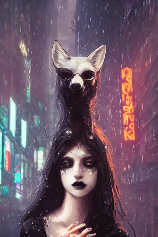Image similar to gorgeous portrait of a tall beautiful white female anthro fox smoking a cigarette towering head and shoulders above the bustling crowd of a rainy city street around her, goth punk clothes, cyberpunk, harsh neon lights, highly detailed, sharp focus, digital painting, illustration, trending on artstation, art by sakimichan, wlop, greg rutkowski