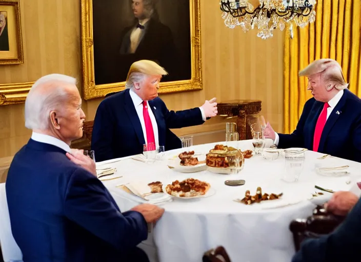 Image similar to Trump and Biden having dinner at a fancy Greek restaurant, award winning cinematic photography, 50 mm, blurred background, trending on twitter