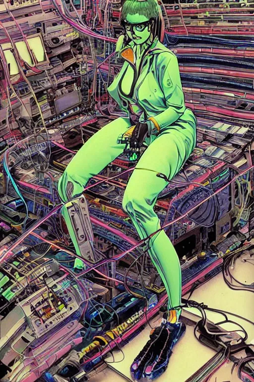 Image similar to a crazy cyberpunk illustration of a female android seated on the floor in a tech labor, seen from the side with her body open showing cables and wires coming out, by masamune shirow and katsuhiro otomo, japan, 1980s, dark, colorful