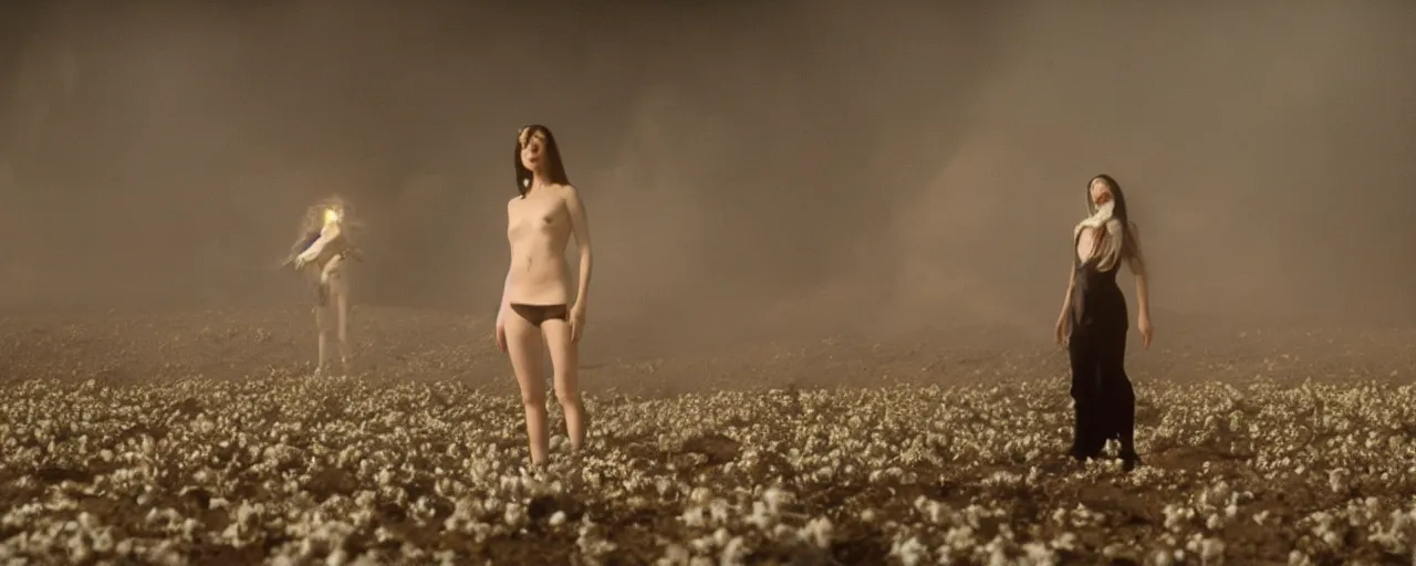 Image similar to The full body shot of beautiful pale woman with white flowers and full-face golden mask inside a thick black smoke in rocky desert landscape, glowing eyes everywhere, burning earth by Gaspar Noe and Christopher Doyle, anamorphic lens, anamorphic lens flares, kodakchrome, cinematic composition, practical effects, award winning photo, 8k