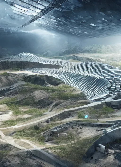 Image similar to techno chuquicamata bioremediation white mining tailing futuristic horizontal architecture, epic, cinematic, hyperealistic, high detailed, corona render, hdr, ray tracing