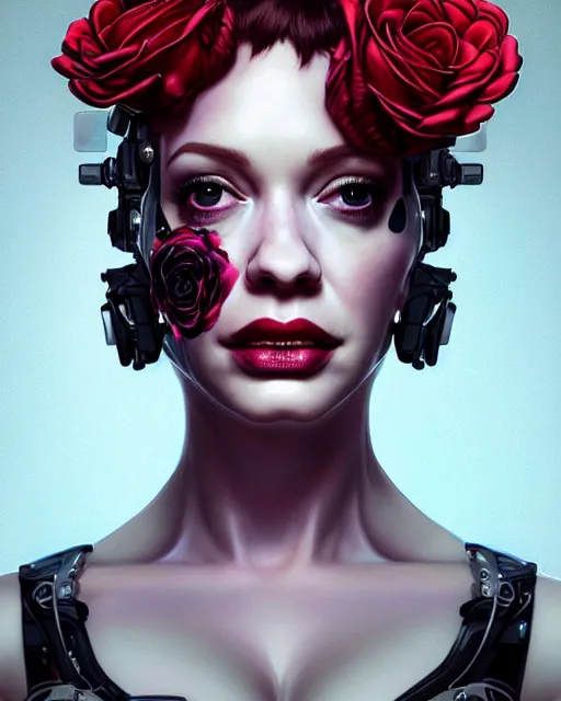 Prompt: portrait of christina hendricks with roses, cyberpunk cyborg. roses, sci - fi, intricate abstract upper body intricate artwork, by tooth wu, wlop, beeple, dan mumford. concept art, octane render, deviantart, greg rutkowski, cinematic arthouse, key art, hyper realism, iridescent accents