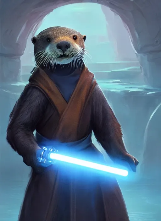 Image similar to portrait, anthropomorphic otter wearing Jedi robes wielding a blue lightsaber in a futuristic river town. Dramatic lighting, cinematic, establishing shot, extremely high detail, photo realistic, post processed, artstation, matte painting, style by eddie mendoza, raphael lacoste, alex ross