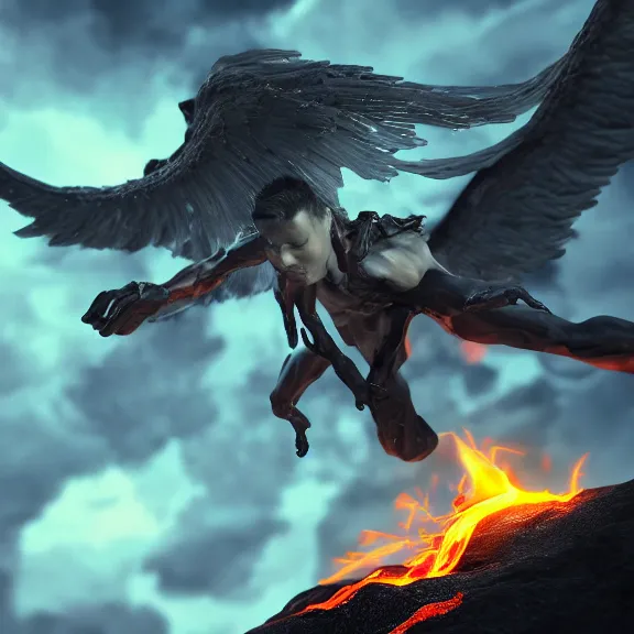 Image similar to cinematic full body shot of a beautiful stunning male angel flying over hell, that's a beautiful stunning male angel, hell is on fire with lava everywhere, elegant pose, flying, detailed arms, streamlined white armor, two arms, two legs, detailed fanart, macro art, realistic digital art, DeviantArt, artstation, 3D realistic, 8k HD, octane render