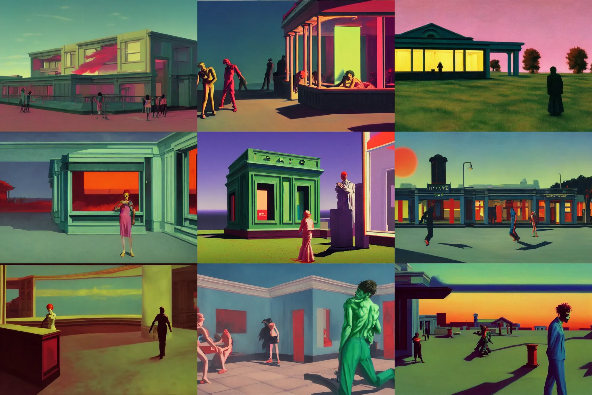 Prompt: A vaporwave zombie apocalypse painted by Edward Hopper