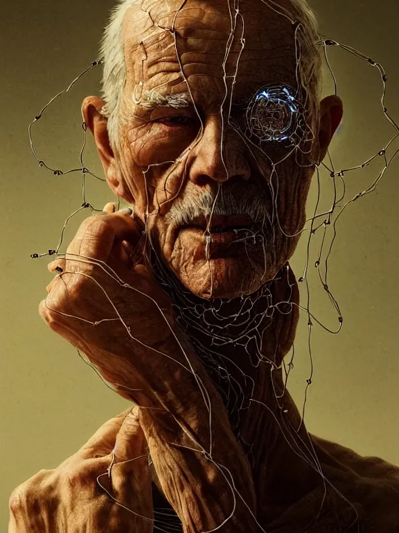 Image similar to portrait of old man, skin peeling to reveal cybernetics, wires, art by ryo shiotani and greg rutkowski, intricate, beautiful, portrait photography, cinematic lighting, vintage art by serge ivanoff, high resolution, very detailed