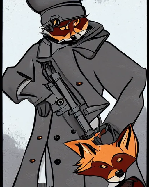 Image similar to a fox wearing a black trench - coat holding a mini - gun, comic art style, digital art,