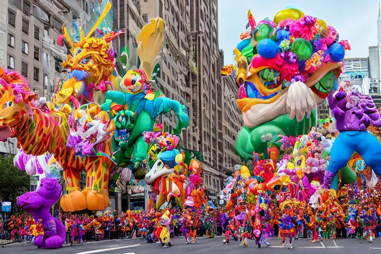 Prompt: photo of giant elaborate parade float characters designed by geoff darrow!!!! and ( ( ( ( ( ( lisa frank ) ) ) ) ) ), in the macys parade, detailed 4 k photo