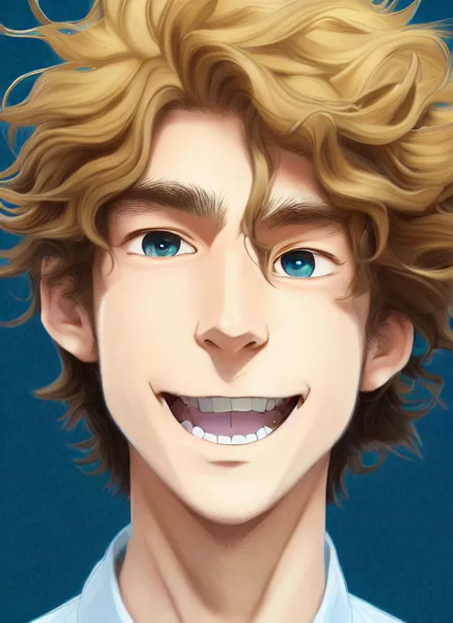 Image similar to young man with medium - length, curly, golden hair, perfectly proportioned face, aquamarine eyes, smile, natural lighting, path traced, highly detailed, high quality, cartoon, digital painting, by new haicheng and studio ghibli
