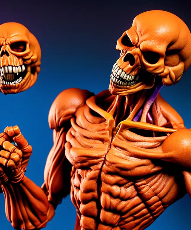 Image similar to hyperrealistic rendering, skeletor, by art of skinner and richard corben and jeff easley, product photography, action figure, sofubi, studio lighting, colored gels