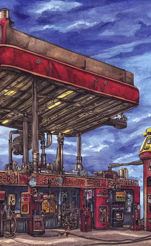 Image similar to steampunk gas station, closeup, gouache, sci - fi, cinematic