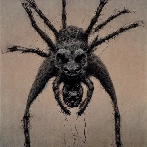 Image similar to spider morphed with hyena, many legs and eyes, large web, highly detailed beksinski art,