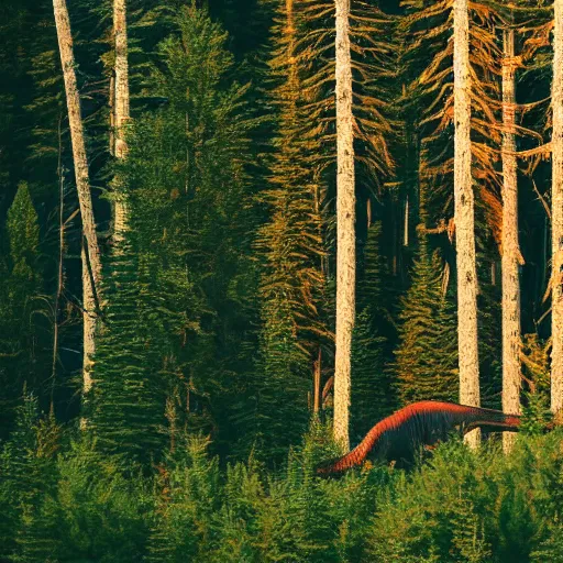 Image similar to a t - rex in the coniferous forest, background dolomites, cinematic, diffused light among the trees, artistic drawing