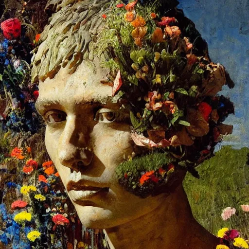 Image similar to a sculpture portrait made of papper and sand and flowers and plants, painting part by wojciech siudmak, part by ilya repin, part by max ernst, part by norman rockwell, artstation