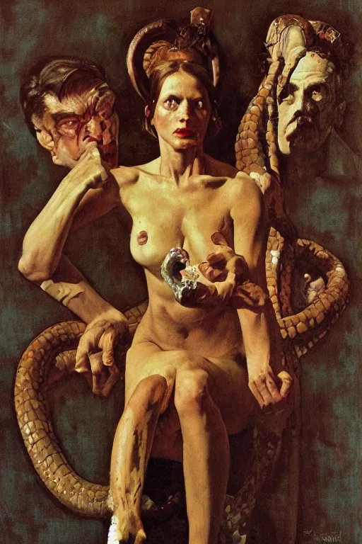 Image similar to portrait of fierce woman as with human head and serpent's body, norman rockwell, jacob collins, tom lovell, frank schoonover