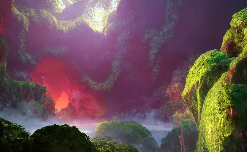 Image similar to a beautiful and stunning digital render of a humongous diamond cave, vines, haze, waterfall, volumetric lighting, photorealistic, red, green, blue sky, sunset, unreal engine 5, ultra detail, trending on artstation