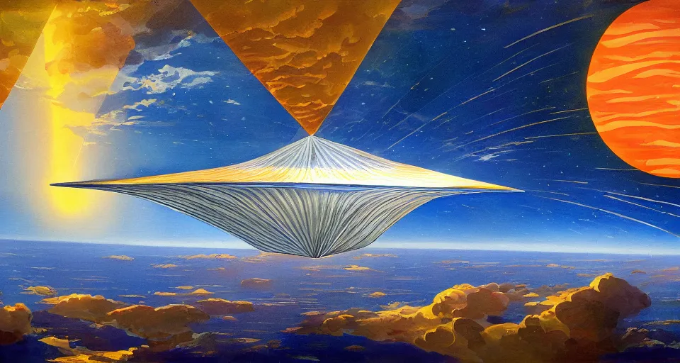 Prompt: giant solar sail, floating in space blocking the sun, art deco painting