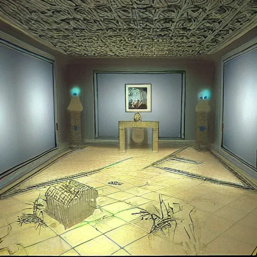 Prompt: virtual art museum in a 9 0 s video game, net art, ps 2 graphics, 3 d computer rendering, liminal space!!!, hd, intricate, detailed