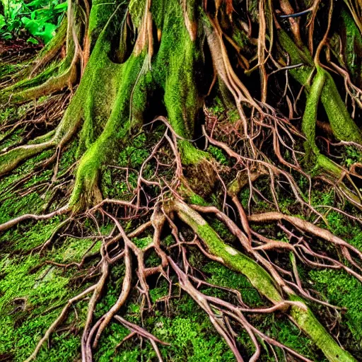 Image similar to mother nature emerging from the roots of a mangrove tree, mossy, roots, nature