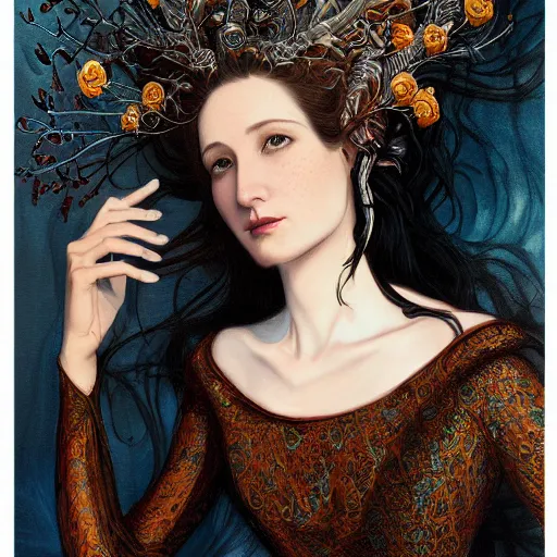 Prompt: facial portrait of a young pretty woman in flowing dress, arrogant, mysterious, long fine flowing hair, delicate, looking at camera, slightly awkward smile, realistic face, hands behind back, intricate, stylish, elegant, grimdark fantasy, flowers, art nouveau, extremely detailed painting inspired by Gerald Brom and Ernst Haeckel and Greg Rutkowski
