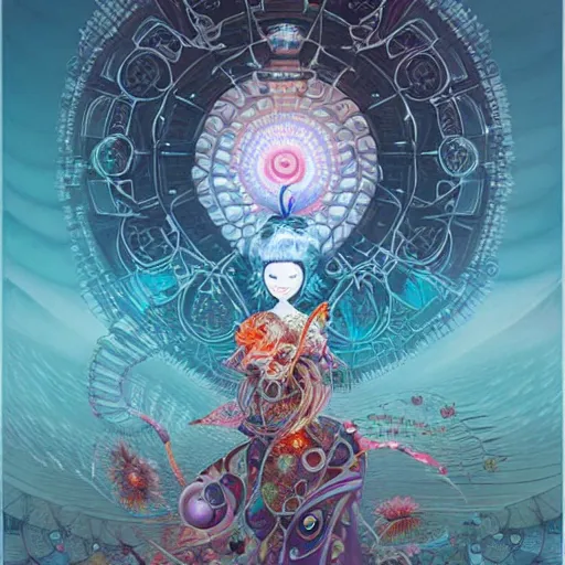 Image similar to a portrait of a geisha, surrounded by fractals, mandalas, cherry blossoms, hadron collider technology, metal gears, swirling bioluminescent energy, art by peter mohrbacher and dan mumford