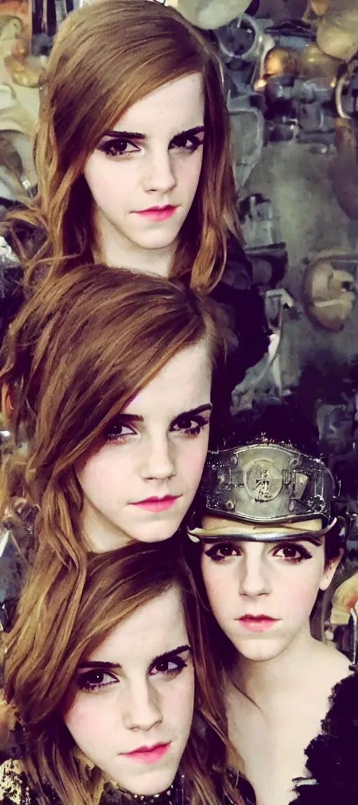 Prompt: Emma Watson and Anna Kendrick Whole body and face wide shot in high fashion steampunk couture created like it's out of the polaroid camera clear, colorful image