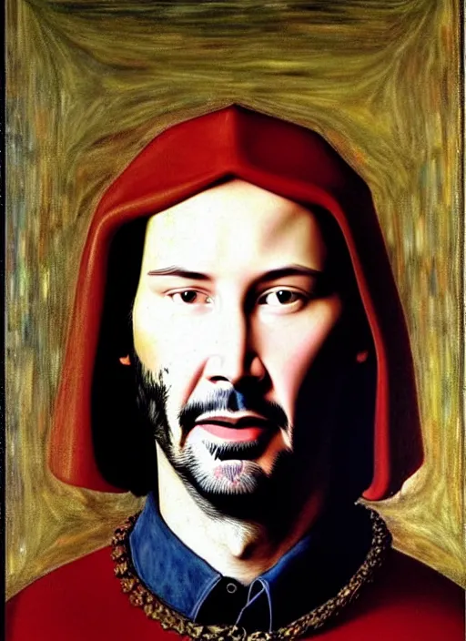 Image similar to portrait of keanu reeves, oil painting by jan van eyck, northern renaissance art, oil on canvas, wet - on - wet technique, realistic, expressive emotions, intricate textures, illusionistic detail