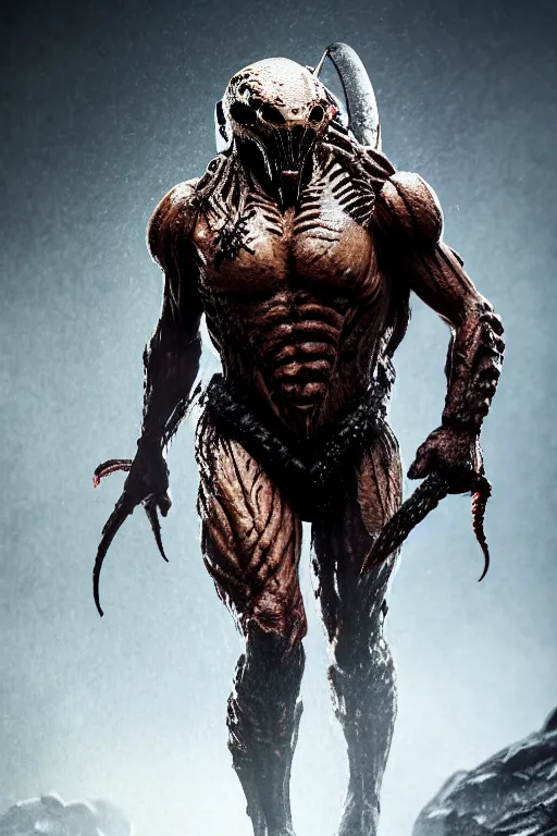 Image similar to full body pose, hyperrealistic photograph cover of predator, dim volumetric lighting, 8 k, octane beautifully detailed render, extremely hyper detailed, intricate, epic composition, cinematic lighting, masterpiece, trending on artstation, very very detailed, stunning, hdr, smooth, sharp focus, high resolution, award, winning photo, dslr, 5 0 mm