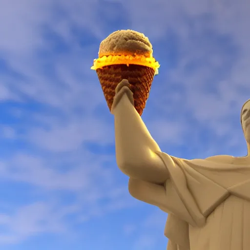 Image similar to Christ the redeemer on top of an ice cream cone , 3d, photorealistic image 8k