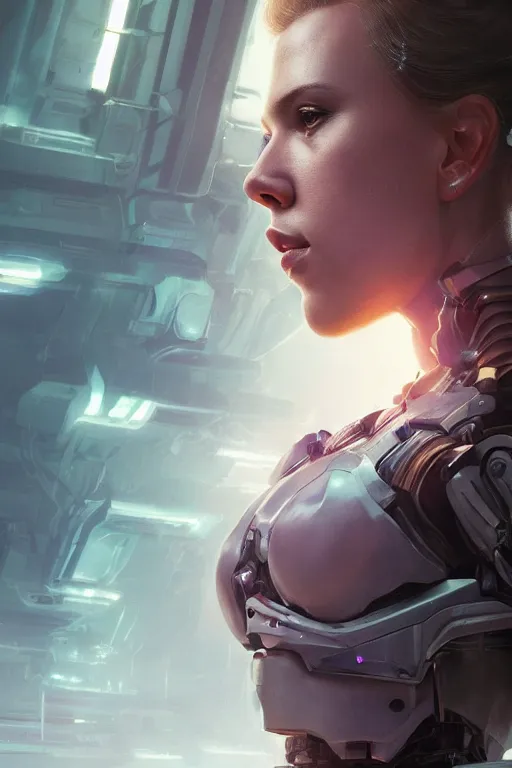 Image similar to a beautiful portrait of Scarlett Johansson as an attractive cyborg by Greg Rutkowski, Sung Choi, Mitchell Mohrhauser, Maciej Kuciara, Johnson Ting, Maxim Verehin, Peter Konig, final fantasy , mythical, 8k photorealistic, cinematic lighting, HD, high details, atmospheric,