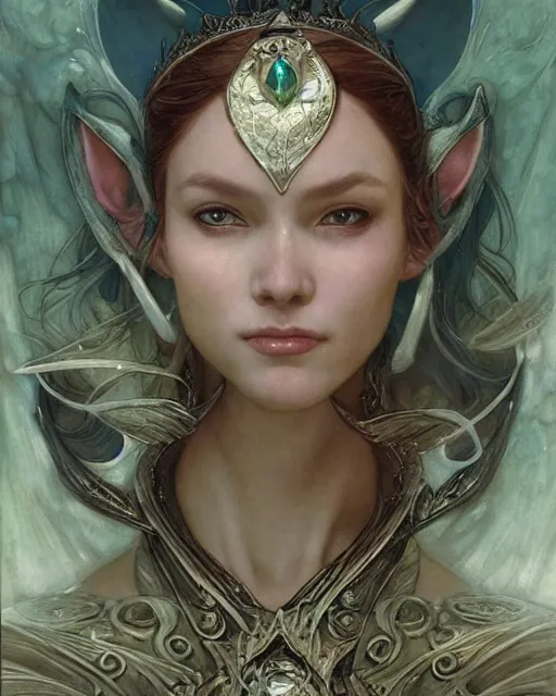 Image similar to a beautiful elf queen by BROM, Edgar Maxence and Ross Tran and Michael Whelan and Jules Bastien-Lepage