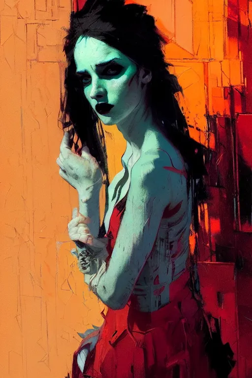 Prompt: portrait of a beautiful goth girl, complementary colors, beautiful face, rule of thirds, intricate outfit, spotlight, by greg rutkowski, by jeremy mann, by francoise nielly, by van gogh, digital painting